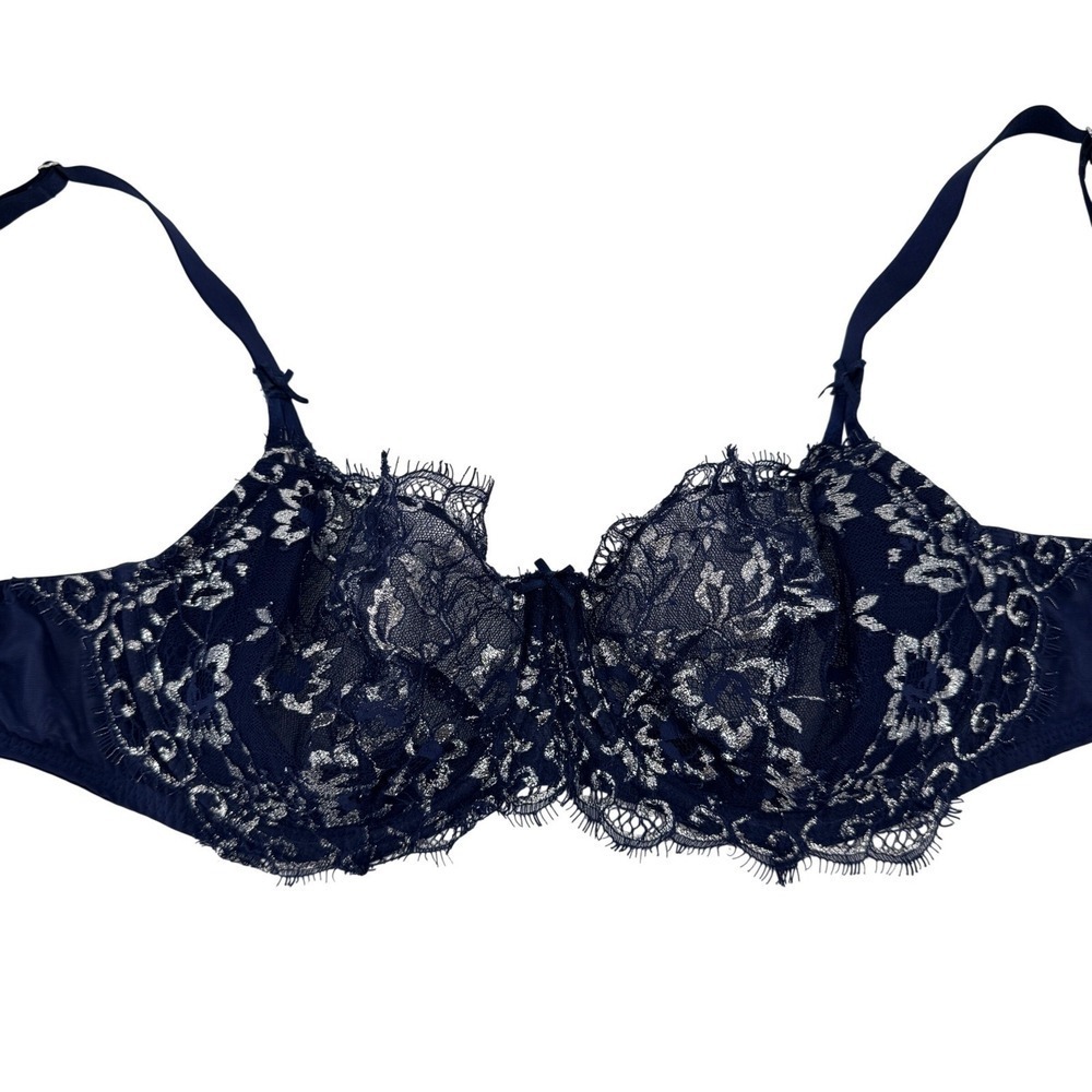 Victoria's Secret Bra Womens 36DD Push-Up Without‎ Padding Navy Silver Lace